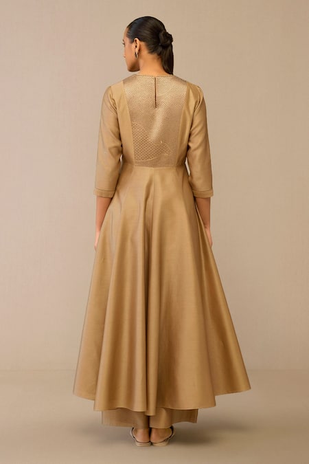 Shop Ampm Beige Chanderi Embroidery Round Neck Quilted Anarkali Palazzo Set at Aza Fashions Shop_Ampm_Beige Chanderi Embroidery Round Neck Quilted Anarkali Palazzo Set _at_Aza_Fashions