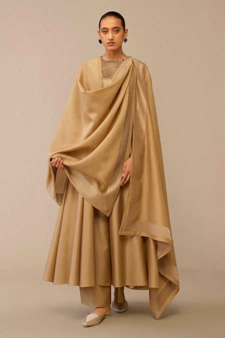 Ampm Beige Chanderi Embroidery Round Neck Quilted Anarkali Palazzo Set Online at Aza Fashions Ampm_Beige Chanderi Embroidery Round Neck Quilted Anarkali Palazzo Set _Online_at_Aza_Fashions