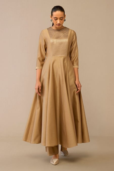 Shop Ampm Beige Chanderi Embroidery Round Neck Quilted Anarkali Palazzo Set Online at Aza Fashions Shop_Ampm_Beige Chanderi Embroidery Round Neck Quilted Anarkali Palazzo Set _Online_at_Aza_Fashions