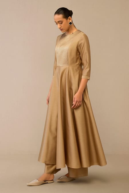 Ampm Beige Chanderi Embroidery Round Neck Quilted Anarkali Palazzo Set at Aza Fashions Ampm_Beige Chanderi Embroidery Round Neck Quilted Anarkali Palazzo Set _at_Aza_Fashions