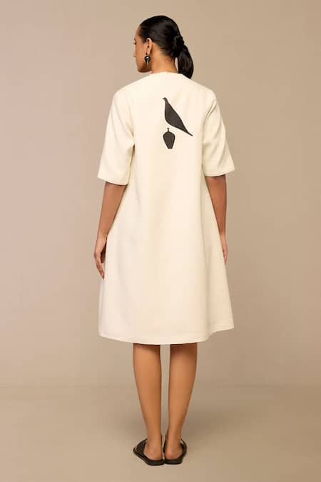 Shop Ampm Ivory Cotton, Linen Embroidery Round Neck, Open Bird Pattern Jacket And Dress Set at Aza Fashions Shop_Ampm_Ivory Cotton, Linen Embroidery Round Neck, Open Bird Pattern Jacket And Dress Set _at_Aza_Fashions