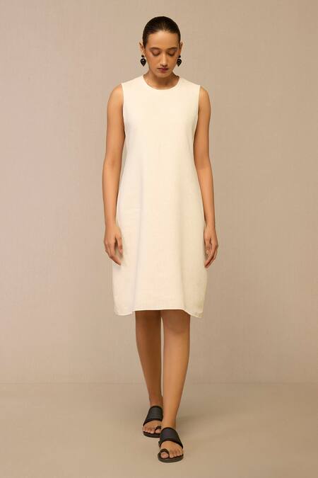 Ampm Ivory Cotton, Linen Embroidery Round Neck, Open Bird Pattern Jacket And Dress Set Online at Aza Fashions Ampm_Ivory Cotton, Linen Embroidery Round Neck, Open Bird Pattern Jacket And Dress Set _Online_at_Aza_Fashions