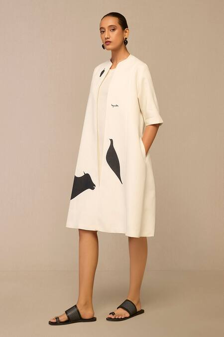 Buy Ampm Ivory Cotton, Linen Embroidery Round Neck, Open Bird Pattern Jacket And Dress Set Online at Aza Fashions Buy_Ampm_Ivory Cotton, Linen Embroidery Round Neck, Open Bird Pattern Jacket And Dress Set _Online_at_Aza_Fashions