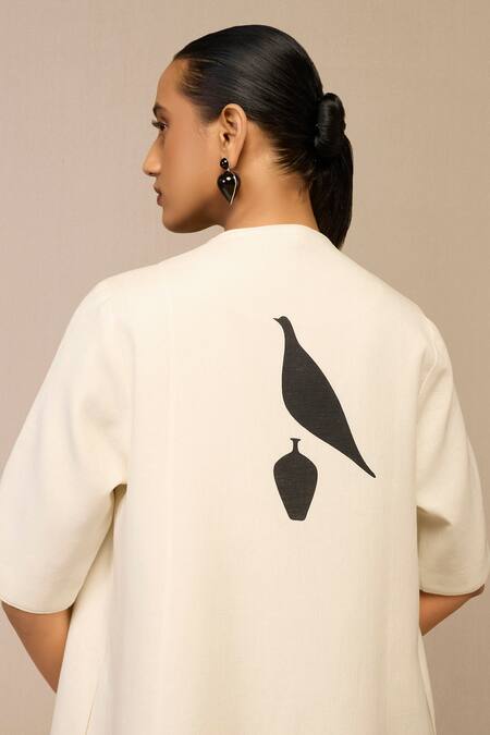 Shop Ampm Ivory Cotton, Linen Embroidery Round Neck, Open Bird Pattern Jacket And Dress Set Online at Aza Fashions Shop_Ampm_Ivory Cotton, Linen Embroidery Round Neck, Open Bird Pattern Jacket And Dress Set _Online_at_Aza_Fashions