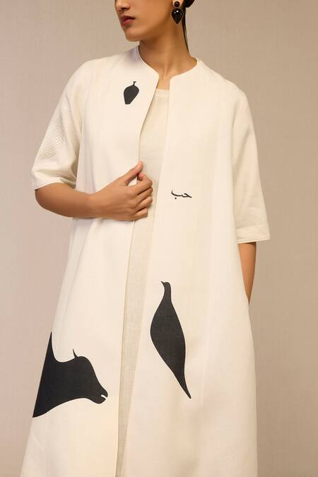 Ampm Ivory Cotton, Linen Embroidery Round Neck, Open Bird Pattern Jacket And Dress Set at Aza Fashions Ampm_Ivory Cotton, Linen Embroidery Round Neck, Open Bird Pattern Jacket And Dress Set _at_Aza_Fashions