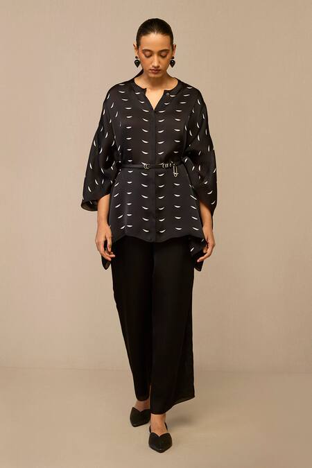 Shop Ampm Black Organza, Satin Embroidery Crescent Pattern Kaftan Shirt And Pant Set Online at Aza Fashions Shop_Ampm_Black Organza, Satin Embroidery Crescent Pattern Kaftan Shirt And Pant Set _Online_at_Aza_Fashions