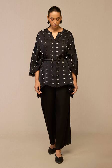 Ampm Black Organza, Satin Embroidery Crescent Pattern Kaftan Shirt And Pant Set at Aza Fashions Ampm_Black Organza, Satin Embroidery Crescent Pattern Kaftan Shirt And Pant Set _at_Aza_Fashions