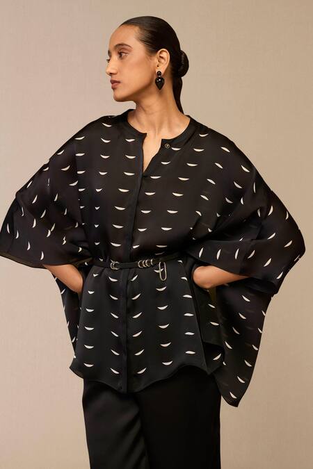 Buy Ampm Black Organza, Satin Embroidery Crescent Pattern Kaftan Shirt And Pant Set Buy_Ampm_Black Organza, Satin Embroidery Crescent Pattern Kaftan Shirt And Pant Set