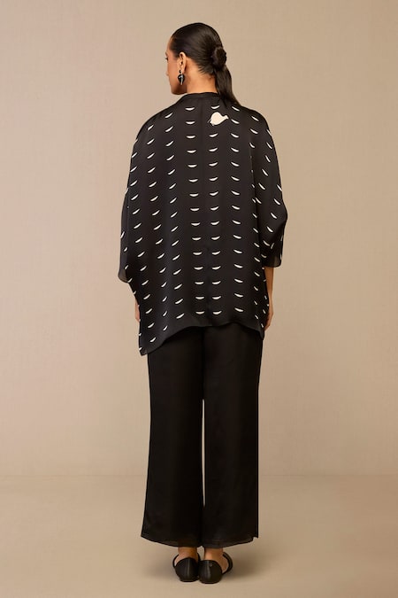 Shop Ampm Black Organza, Satin Embroidery Crescent Pattern Kaftan Shirt And Pant Set at Aza Fashions Shop_Ampm_Black Organza, Satin Embroidery Crescent Pattern Kaftan Shirt And Pant Set _at_Aza_Fashions