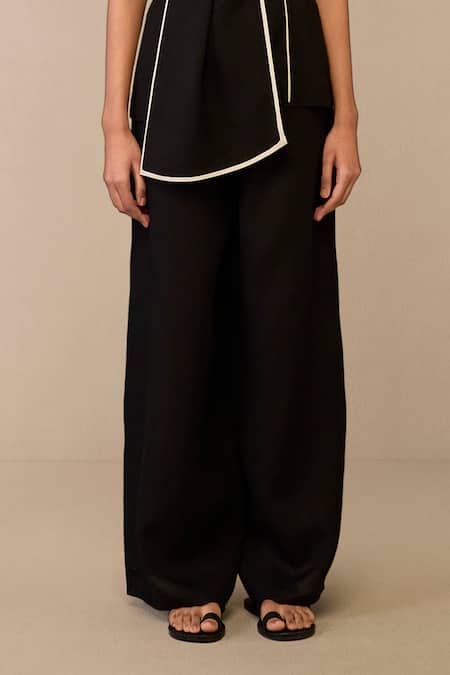 Ampm Black Linen Piping Shawl Neck Draped Collar Top And Pant Set Online at Aza Fashions Ampm_Black Linen Piping Shawl Neck Draped Collar Top And Pant Set _Online_at_Aza_Fashions