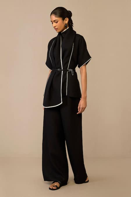 Buy Ampm Black Linen Piping Shawl Neck Draped Collar Top And Pant Set Online at Aza Fashions Buy_Ampm_Black Linen Piping Shawl Neck Draped Collar Top And Pant Set _Online_at_Aza_Fashions