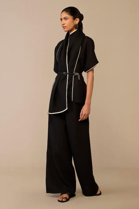 Shop Ampm Black Linen Piping Shawl Neck Draped Collar Top And Pant Set Online at Aza Fashions Shop_Ampm_Black Linen Piping Shawl Neck Draped Collar Top And Pant Set _Online_at_Aza_Fashions