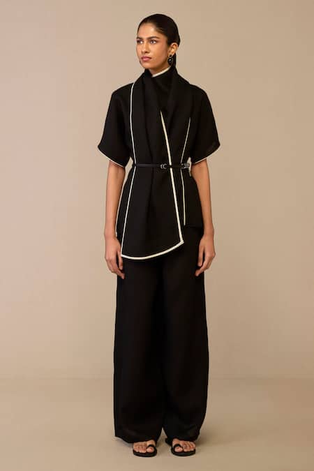 Ampm Black Linen Piping Shawl Neck Draped Collar Top And Pant Set at Aza Fashions Ampm_Black Linen Piping Shawl Neck Draped Collar Top And Pant Set _at_Aza_Fashions