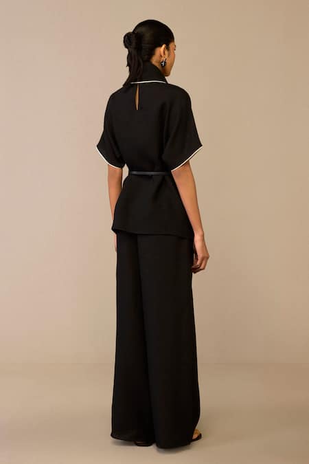 Shop Ampm Black Linen Piping Shawl Neck Draped Collar Top And Pant Set at Aza Fashions Shop_Ampm_Black Linen Piping Shawl Neck Draped Collar Top And Pant Set _at_Aza_Fashions