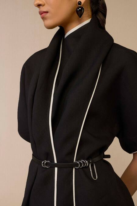 Buy Ampm Black Linen Piping Shawl Neck Draped Collar Top And Pant Set Buy_Ampm_Black Linen Piping Shawl Neck Draped Collar Top And Pant Set