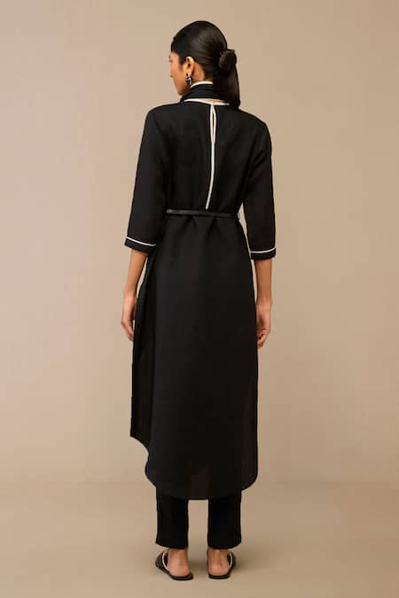 Shop Ampm Black Linen Piping Shawl Neck Draped Collar Tunic And Pant Set at Aza Fashions Shop_Ampm_Black Linen Piping Shawl Neck Draped Collar Tunic And Pant Set _at_Aza_Fashions
