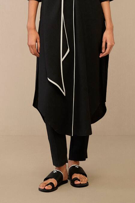 Ampm Black Linen Piping Shawl Neck Draped Collar Tunic And Pant Set Online at Aza Fashions Ampm_Black Linen Piping Shawl Neck Draped Collar Tunic And Pant Set _Online_at_Aza_Fashions