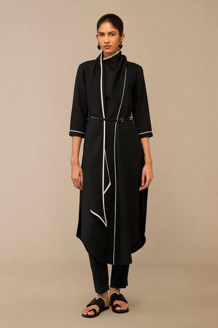 Buy Ampm Black Linen Piping Shawl Neck Draped Collar Tunic And Pant Set Online at Aza Fashions Buy_Ampm_Black Linen Piping Shawl Neck Draped Collar Tunic And Pant Set _Online_at_Aza_Fashions