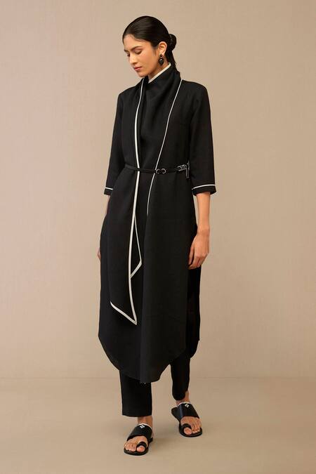 Shop Ampm Black Linen Piping Shawl Neck Draped Collar Tunic And Pant Set Online at Aza Fashions Shop_Ampm_Black Linen Piping Shawl Neck Draped Collar Tunic And Pant Set _Online_at_Aza_Fashions