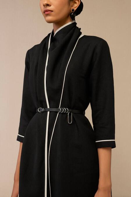 Ampm Black Linen Piping Shawl Neck Draped Collar Tunic And Pant Set at Aza Fashions Ampm_Black Linen Piping Shawl Neck Draped Collar Tunic And Pant Set _at_Aza_Fashions