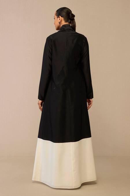 Shop Ampm Black Chanderi Embroidery Round Neck Color Block Quilted Jacket And Dress Set at Aza Fashions Shop_Ampm_Black Chanderi Embroidery Round Neck Color Block Quilted Jacket And Dress Set_at_Aza_Fashions