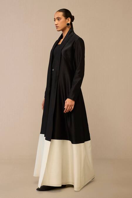 Shop Ampm Black Chanderi Embroidery Round Neck Color Block Quilted Jacket And Dress Set Online at Aza Fashions Shop_Ampm_Black Chanderi Embroidery Round Neck Color Block Quilted Jacket And Dress Set_Online_at_Aza_Fashions