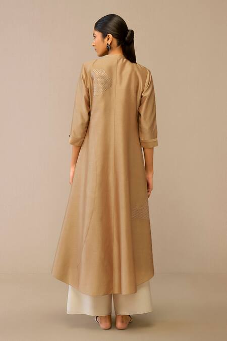 Shop Ampm Beige Chanderi Embroidery Mandarin Collar, Quilted Placement Jacket Palazzo Set at Aza Fashions Shop_Ampm_Beige Chanderi Embroidery Mandarin Collar, Quilted Placement Jacket Palazzo Set_at_Aza_Fashions