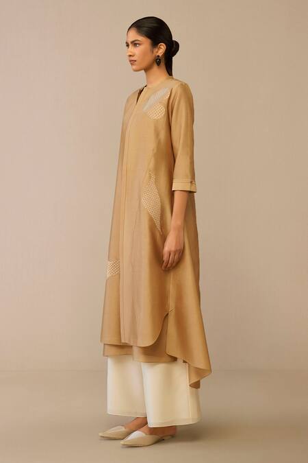 Ampm Beige Chanderi Embroidery Mandarin Collar, Quilted Placement Jacket Palazzo Set Online at Aza Fashions Ampm_Beige Chanderi Embroidery Mandarin Collar, Quilted Placement Jacket Palazzo Set_Online_at_Aza_Fashions