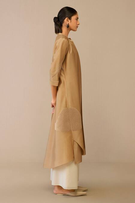 Buy Ampm Beige Chanderi Embroidery Mandarin Collar, Quilted Placement Jacket Palazzo Set Online at Aza Fashions Buy_Ampm_Beige Chanderi Embroidery Mandarin Collar, Quilted Placement Jacket Palazzo Set_Online_at_Aza_Fashions