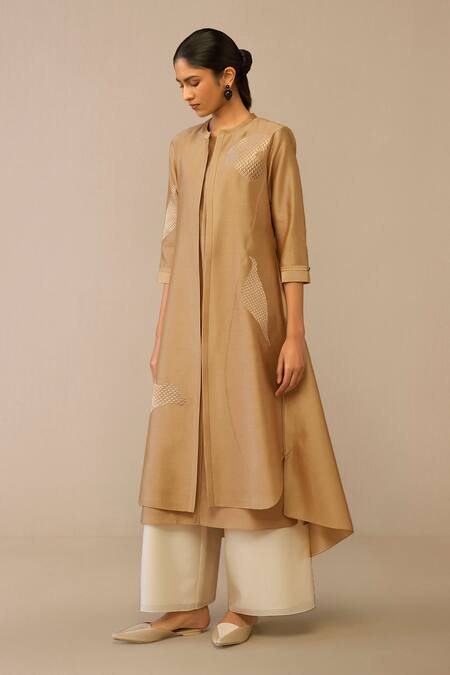 Shop Ampm Beige Chanderi Embroidery Mandarin Collar, Quilted Placement Jacket Palazzo Set Online at Aza Fashions Shop_Ampm_Beige Chanderi Embroidery Mandarin Collar, Quilted Placement Jacket Palazzo Set_Online_at_Aza_Fashions
