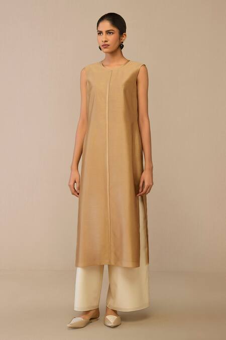 Ampm Beige Chanderi Embroidery Mandarin Collar, Quilted Placement Jacket Palazzo Set at Aza Fashions Ampm_Beige Chanderi Embroidery Mandarin Collar, Quilted Placement Jacket Palazzo Set_at_Aza_Fashions