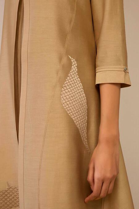 Buy Ampm Beige Chanderi Embroidery Mandarin Collar, Quilted Placement Jacket Palazzo Set Buy_Ampm_Beige Chanderi Embroidery Mandarin Collar, Quilted Placement Jacket Palazzo Set