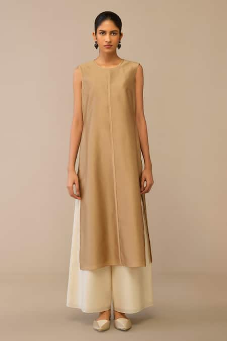 Ampm Beige Chanderi Embroidery Round Neck Quilted Jacket Palazzo Set Online at Aza Fashions Ampm_Beige Chanderi Embroidery Round Neck Quilted Jacket Palazzo Set _Online_at_Aza_Fashions