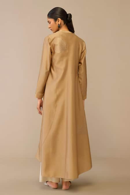 Shop Ampm Beige Chanderi Embroidery Round Neck Quilted Jacket Palazzo Set at Aza Fashions Shop_Ampm_Beige Chanderi Embroidery Round Neck Quilted Jacket Palazzo Set _at_Aza_Fashions