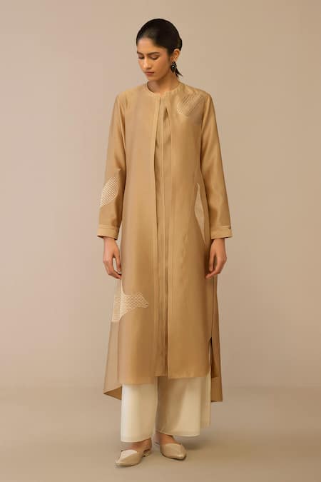 Buy Ampm Beige Chanderi Embroidery Round Neck Quilted Jacket Palazzo Set Online at Aza Fashions Buy_Ampm_Beige Chanderi Embroidery Round Neck Quilted Jacket Palazzo Set _Online_at_Aza_Fashions