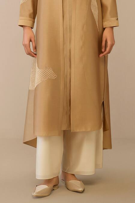 Shop Ampm Beige Chanderi Embroidery Round Neck Quilted Jacket Palazzo Set Online at Aza Fashions Shop_Ampm_Beige Chanderi Embroidery Round Neck Quilted Jacket Palazzo Set _Online_at_Aza_Fashions