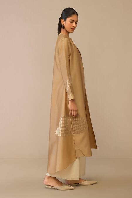 Ampm Beige Chanderi Embroidery Round Neck Quilted Jacket Palazzo Set at Aza Fashions Ampm_Beige Chanderi Embroidery Round Neck Quilted Jacket Palazzo Set _at_Aza_Fashions