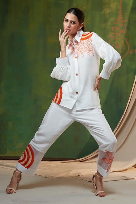 Shop Shagun Nagi The Label White Silk Applique, Embroidery Collared Sunflower Shirt And Pant Set at Aza Fashions Shop_Shagun Nagi The Label_White Silk Applique, Embroidery Collared Sunflower Shirt And Pant Set _at_Aza_Fashions