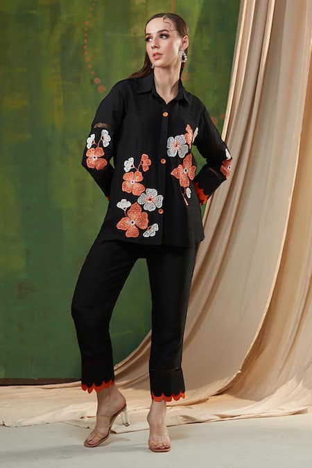 Shop Shagun Nagi The Label Black Silk, Cotton Cut Work, Lace, Beads, Anchor Flower Shirt And Pant Set at Aza Fashions Shop_Shagun Nagi The Label_Black Silk, Cotton Cut Work, Lace, Beads, Anchor Flower Shirt And Pant Set _at_Aza_Fashions