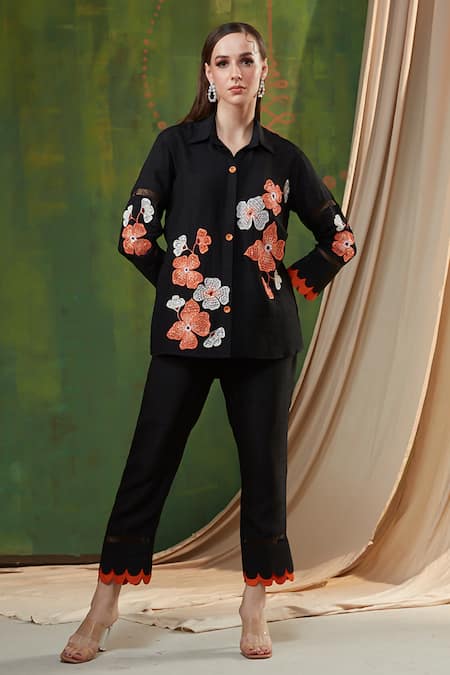 Shagun Nagi The Label Black Silk, Cotton Cut Work, Lace, Beads, Anchor Flower Shirt And Pant Set 