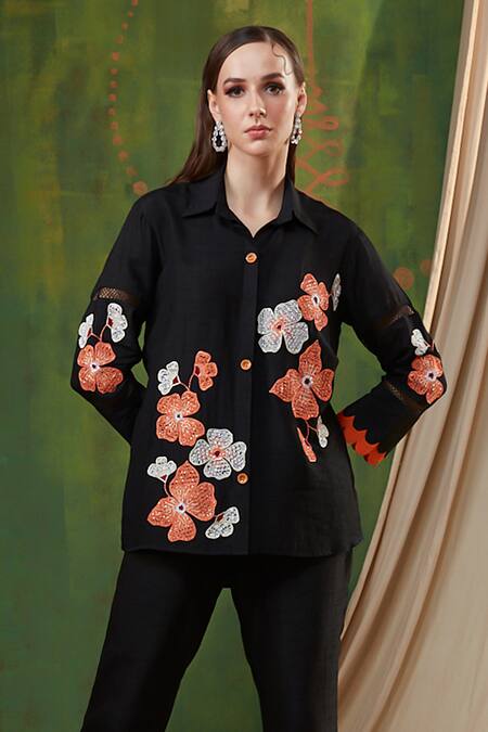 Shop Shagun Nagi The Label Black Silk, Cotton Cut Work, Lace, Beads, Anchor Flower Shirt And Pant Set Online at Aza Fashions Shop_Shagun Nagi The Label_Black Silk, Cotton Cut Work, Lace, Beads, Anchor Flower Shirt And Pant Set _Online_at_Aza_Fashions