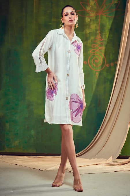 Shop Shagun Nagi The Label White Silk, Linen Sequins, Applique Collared Flower Embroidered Shirt Dress at Aza Fashions Shop_Shagun Nagi The Label_White Silk, Linen Sequins, Applique Collared Flower Embroidered Shirt Dress _at_Aza_Fashions