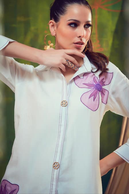 Buy Shagun Nagi The Label White Silk, Linen Sequins, Applique Collared Flower Embroidered Shirt Dress Online at Aza Fashions Buy_Shagun Nagi The Label_White Silk, Linen Sequins, Applique Collared Flower Embroidered Shirt Dress _Online_at_Aza_Fashions