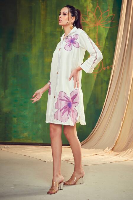 Shop Shagun Nagi The Label White Silk, Linen Sequins, Applique Collared Flower Embroidered Shirt Dress Online at Aza Fashions Shop_Shagun Nagi The Label_White Silk, Linen Sequins, Applique Collared Flower Embroidered Shirt Dress _Online_at_Aza_Fashions