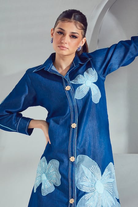 Shop_Shagun Nagi The Label_Blue Denim, Cotton Applique, Sequins Collared Flower Shirt Dress _Online_at_Aza_Fashions