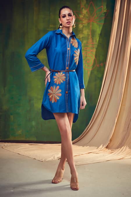 Shagun Nagi The Label Blue Denim, Cotton Applique, Embroidery Collared Shirt Dress 
