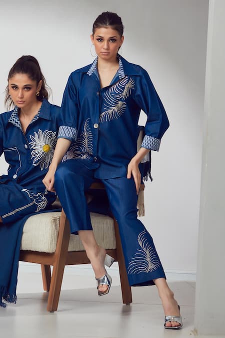 Shagun Nagi The Label Feather Embroidered Denim Shirt & Pant Set 