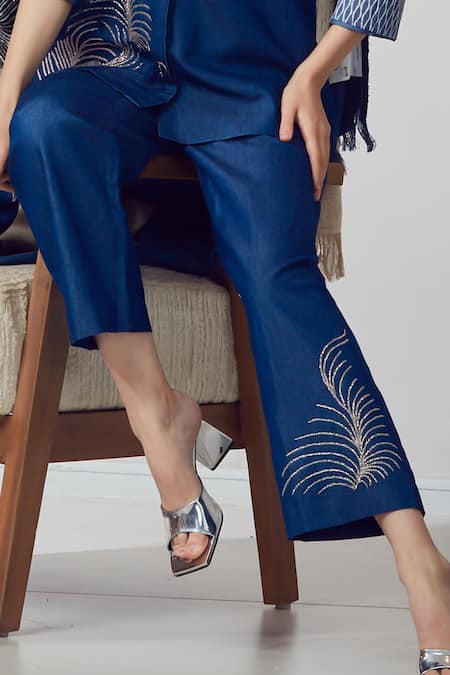 Buy_Shagun Nagi The Label_Blue Denim, Cotton Feathers Collared Embroidered Shirt And Pant Set _Online_at_Aza_Fashions