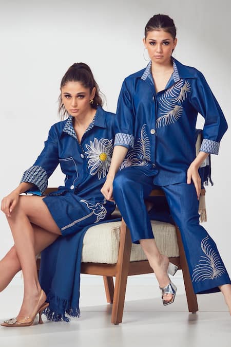Shop_Shagun Nagi The Label_Blue Denim, Cotton Feathers Collared Embroidered Shirt And Pant Set _Online_at_Aza_Fashions