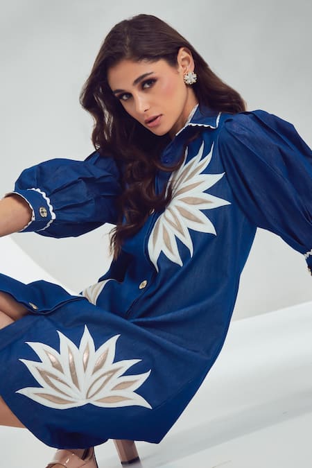 Buy_Shagun Nagi The Label_Blue Denim Cut Work, Lace Collared Cutwork Embroidered Shirt Dress _Online_at_Aza_Fashions